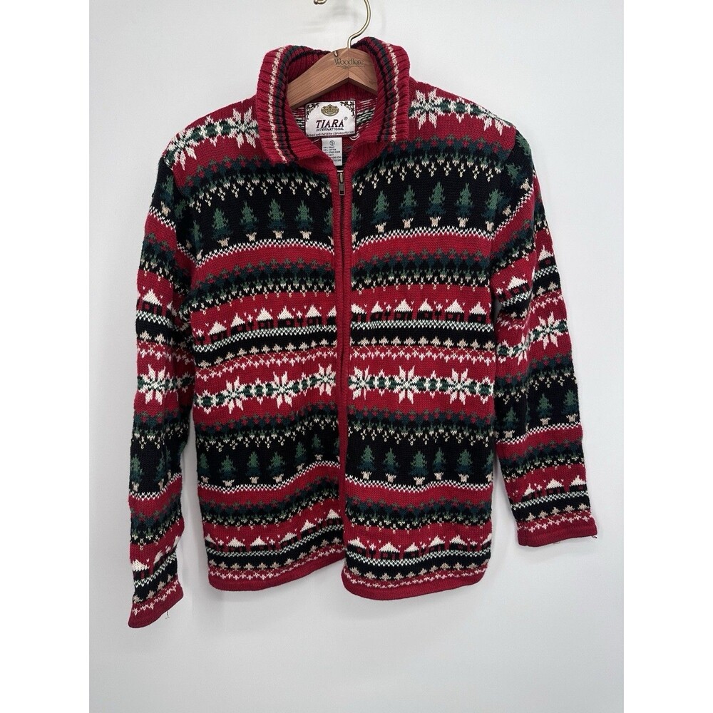UGLY CHRISTMAS PARTY FULL ZIP SWEATER VINTAGE S TIARA RED TREE poinsettia UGLY